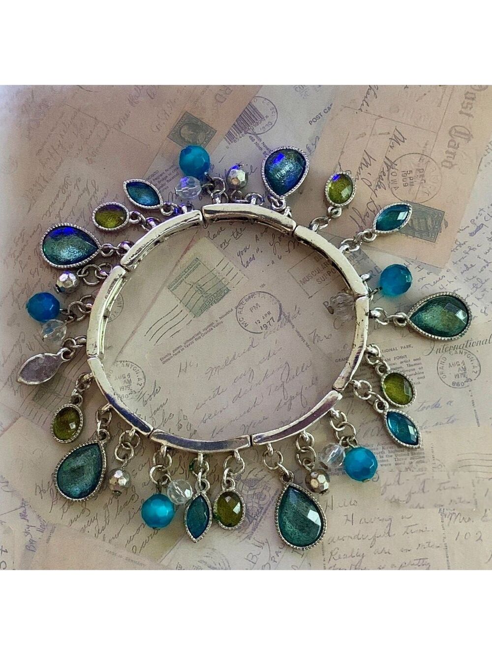 Vintage Boho Chic Silver Charm Bracelet with Blue and Green Gem Accents